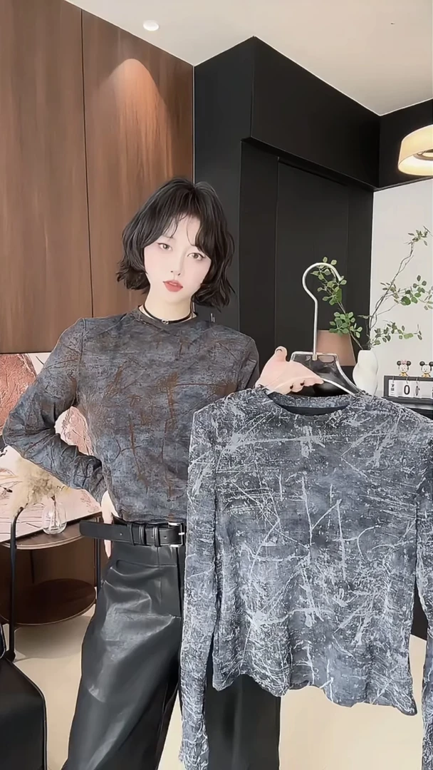 欧洲站2025秋季新款时尚百搭圆领宽松显瘦扎染印花长袖T恤上衣女