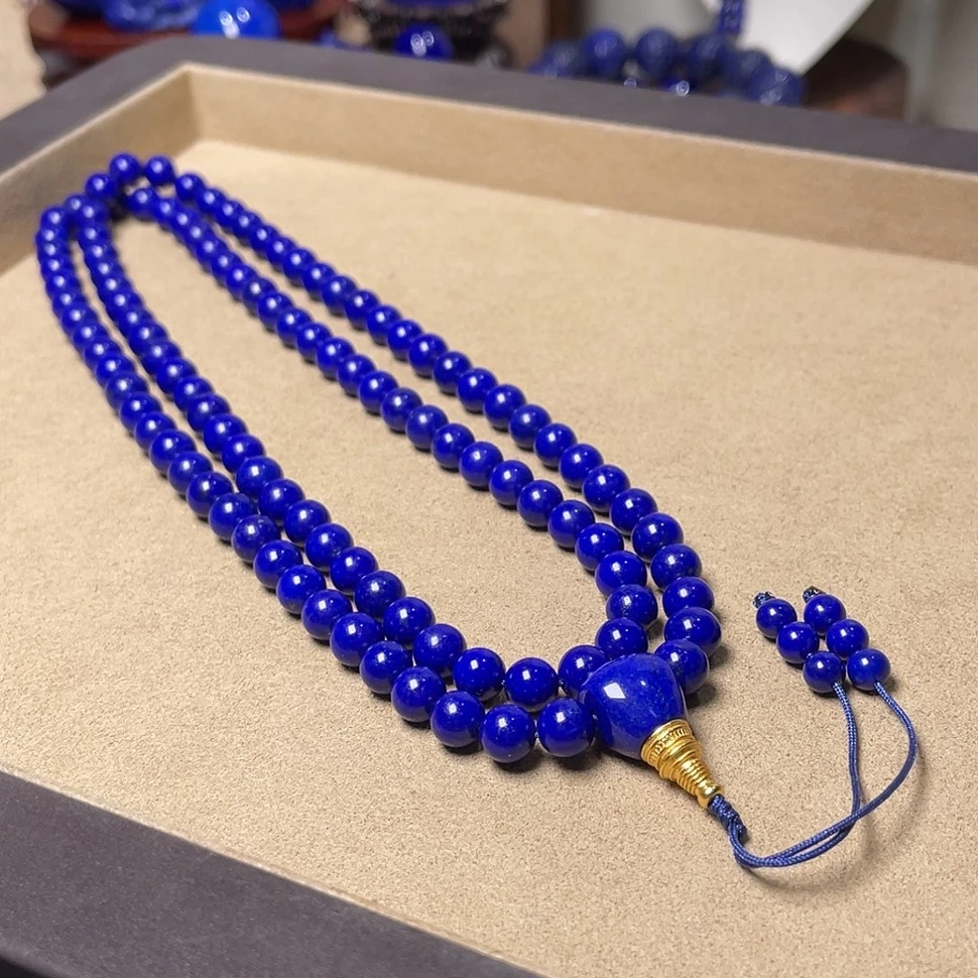 青金石银S925镀金镶嵌精品佛珠108颗7.5mm