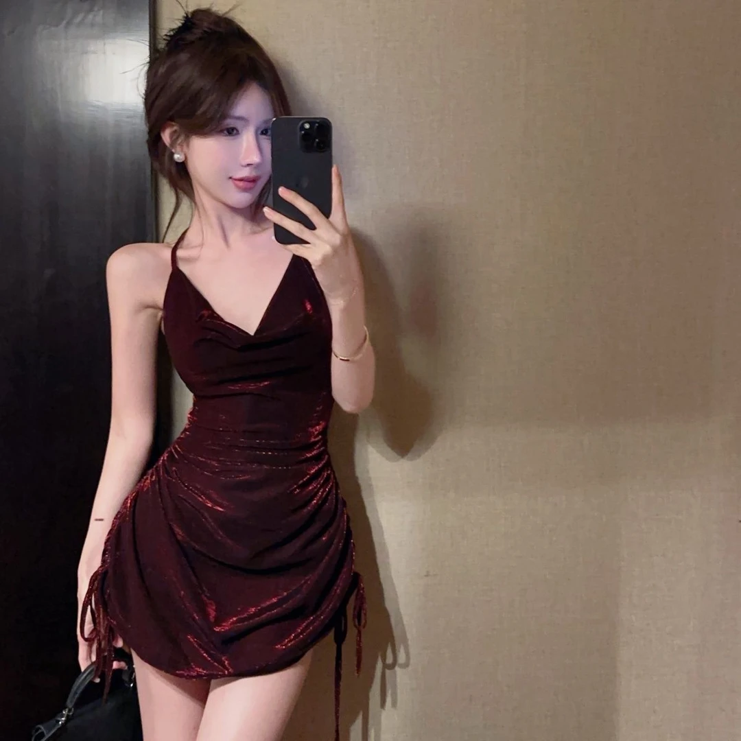 浪莎2025夏季新款心机纯欲辣妹抽绳细带修腰吊带荡领露背包臀连衣