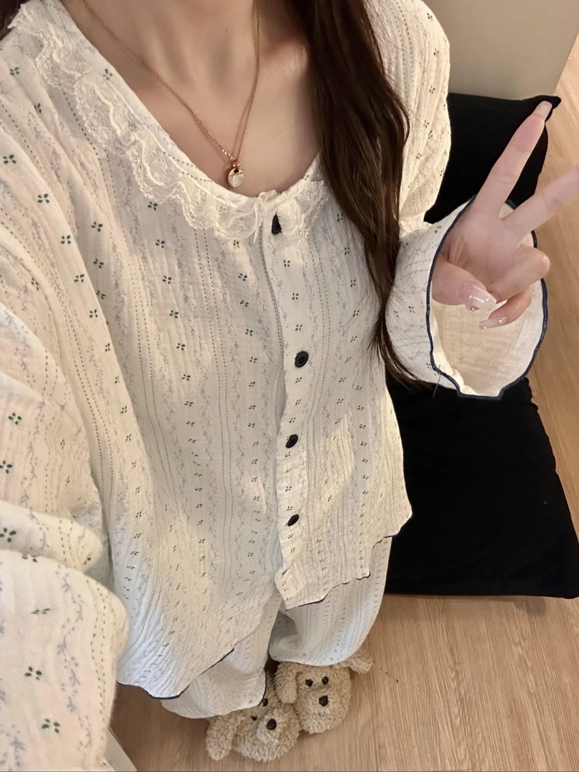 少女四叶草碎花睡衣女秋冬学生甜妹温柔风可外穿家居服套装