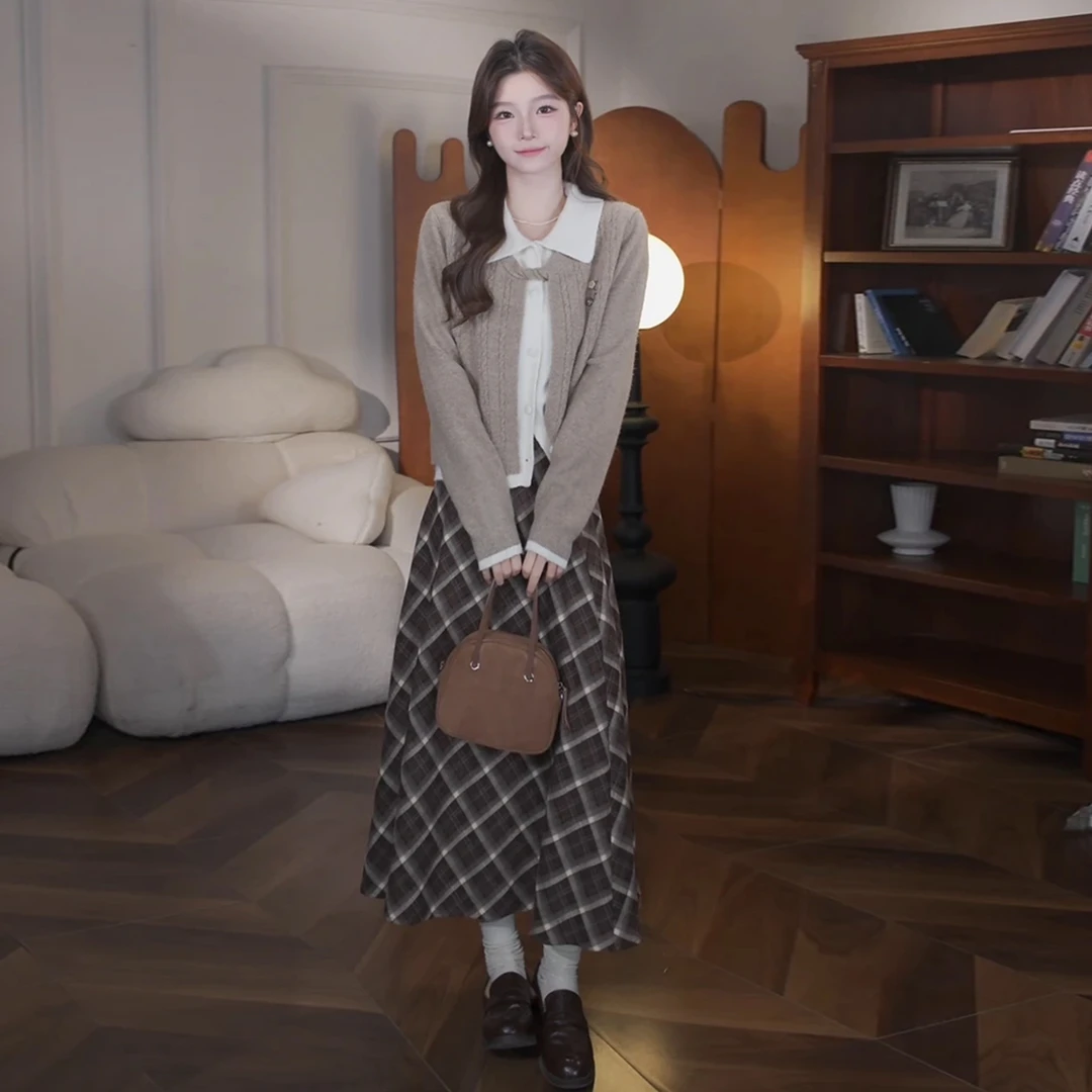 韩系学院风套装女假两件温柔上衣2025秋冬穿搭一整套新款半身裙潮