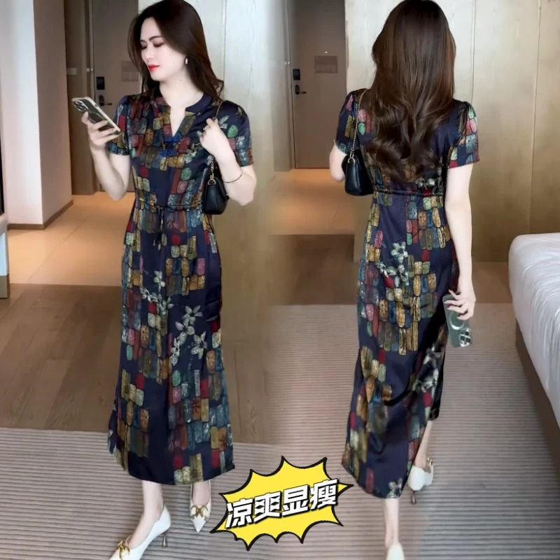 醋酸缎面短袖连衣裙夏季新款气质中年妈妈装时尚碎花中长裙子