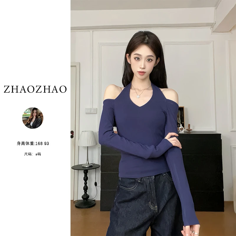 2025年新款纯色挂脖领长袖恤女高级显瘦修身露背上衣