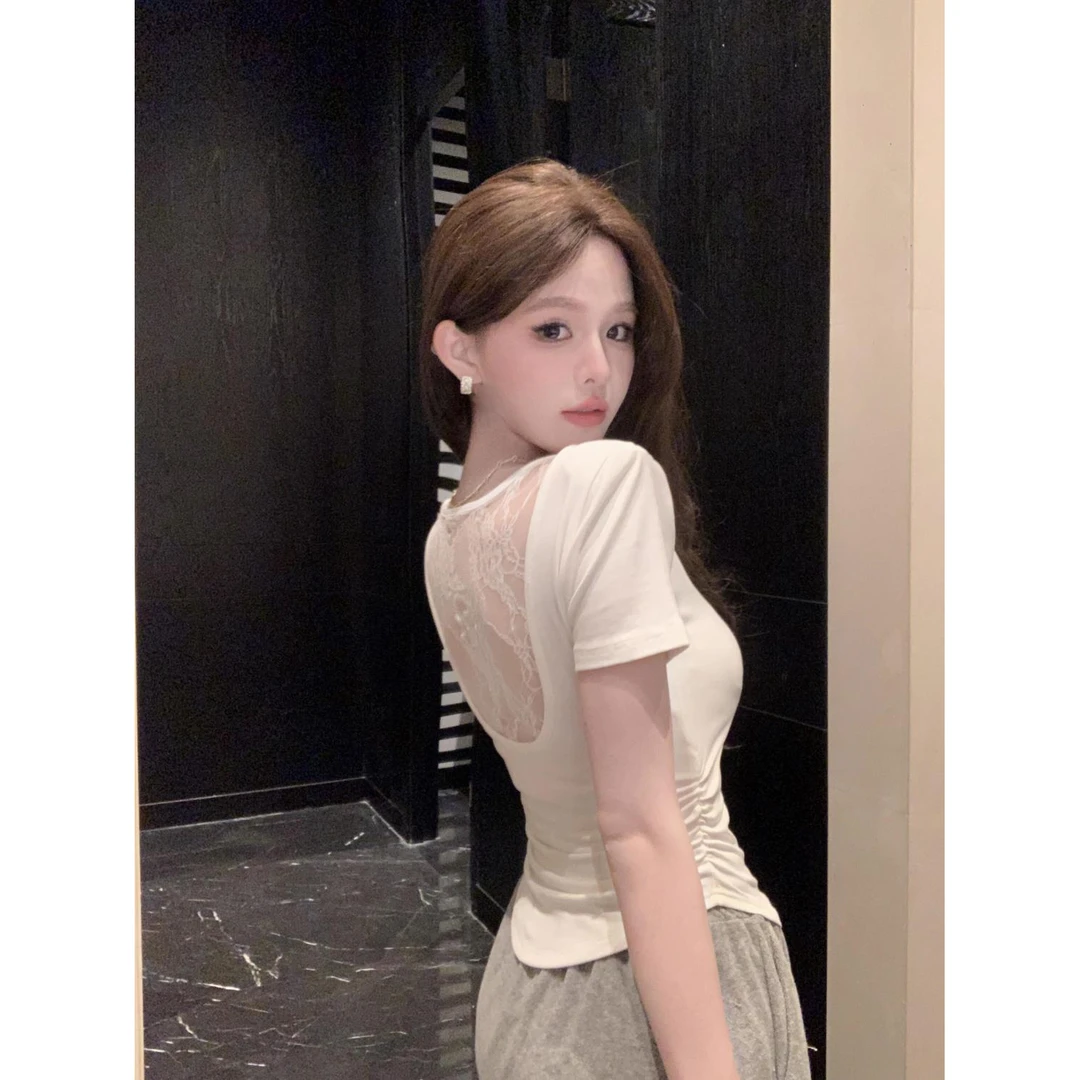 甜美少女风蕾丝拼接露背短袖T恤女夏季新款纯欲U领修身短款上衣潮