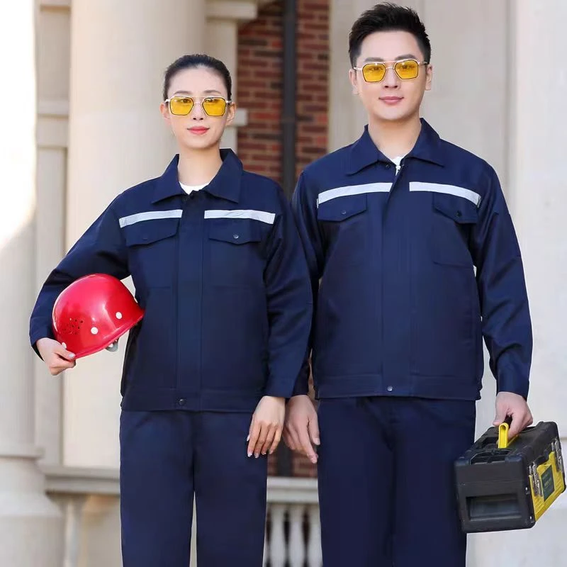 夏季长袖耐磨工作服套装男工装劳保服汽修机修工厂地深蓝色裤定制