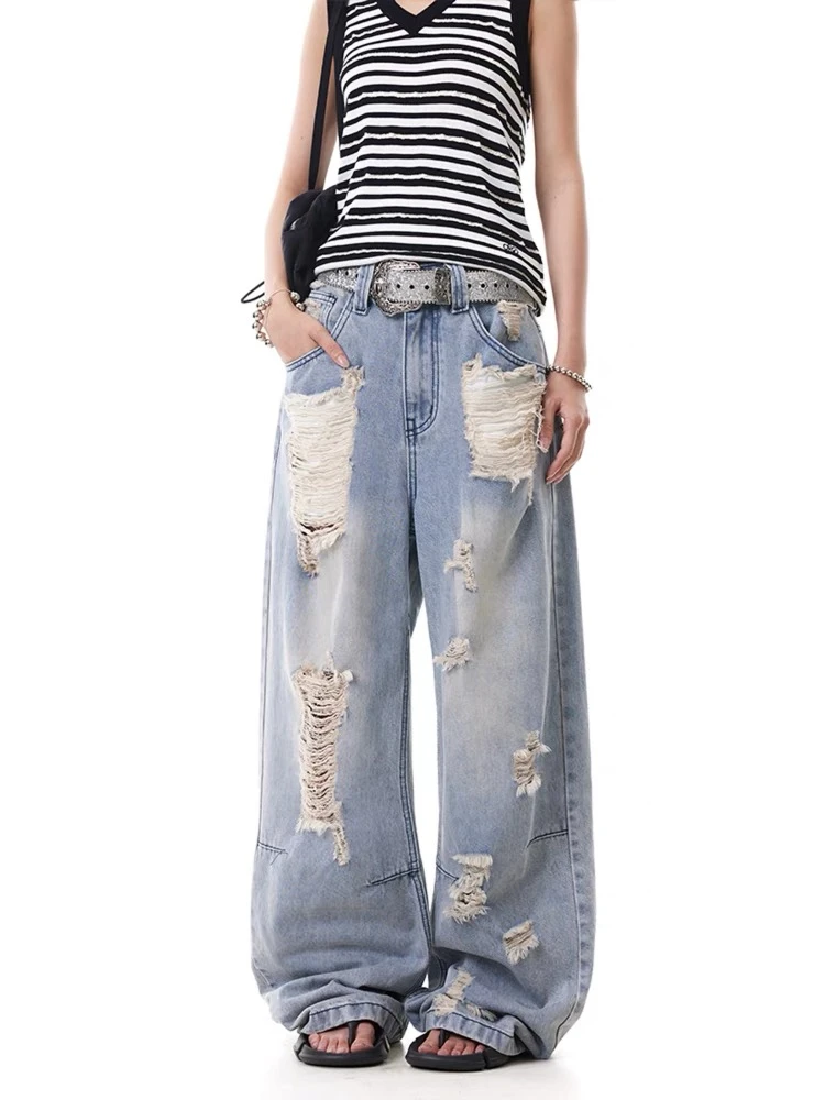 高街复古乞丐破洞牛仔裤夏季男女潮牌高级感显瘦宽松直筒阔腿长裤