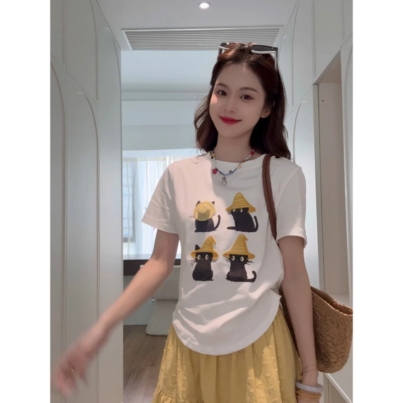 【魔法帽猫】夏季新款可爱趣味刺绣猫咪立体帽子T恤-DX2025272