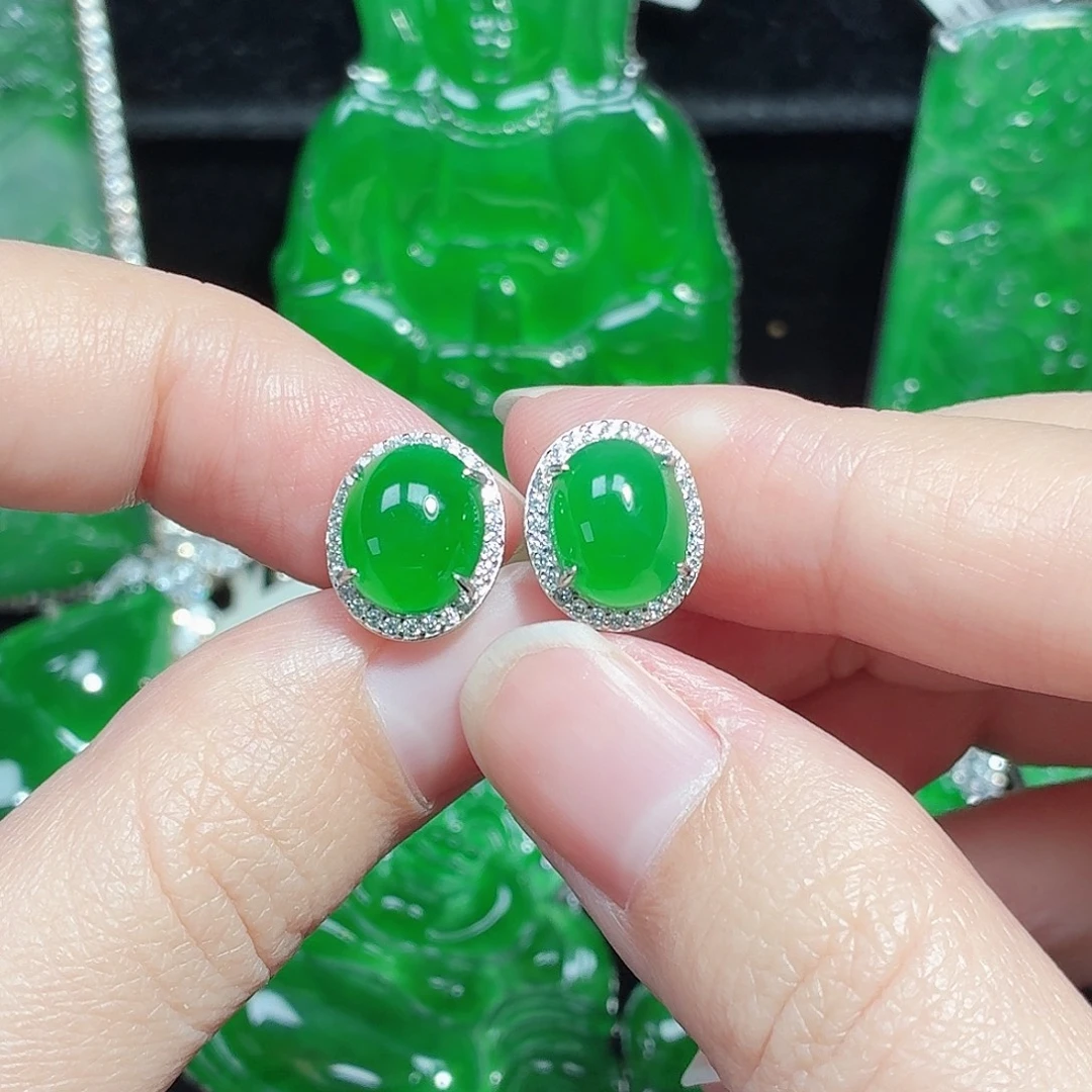 翡翠银S925镶嵌耳饰天然A货翡翠