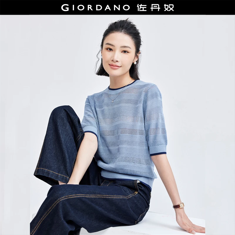 佐丹奴亚麻莱赛尔薄针织女夏季镂空提花圆领时尚针织短袖18355202