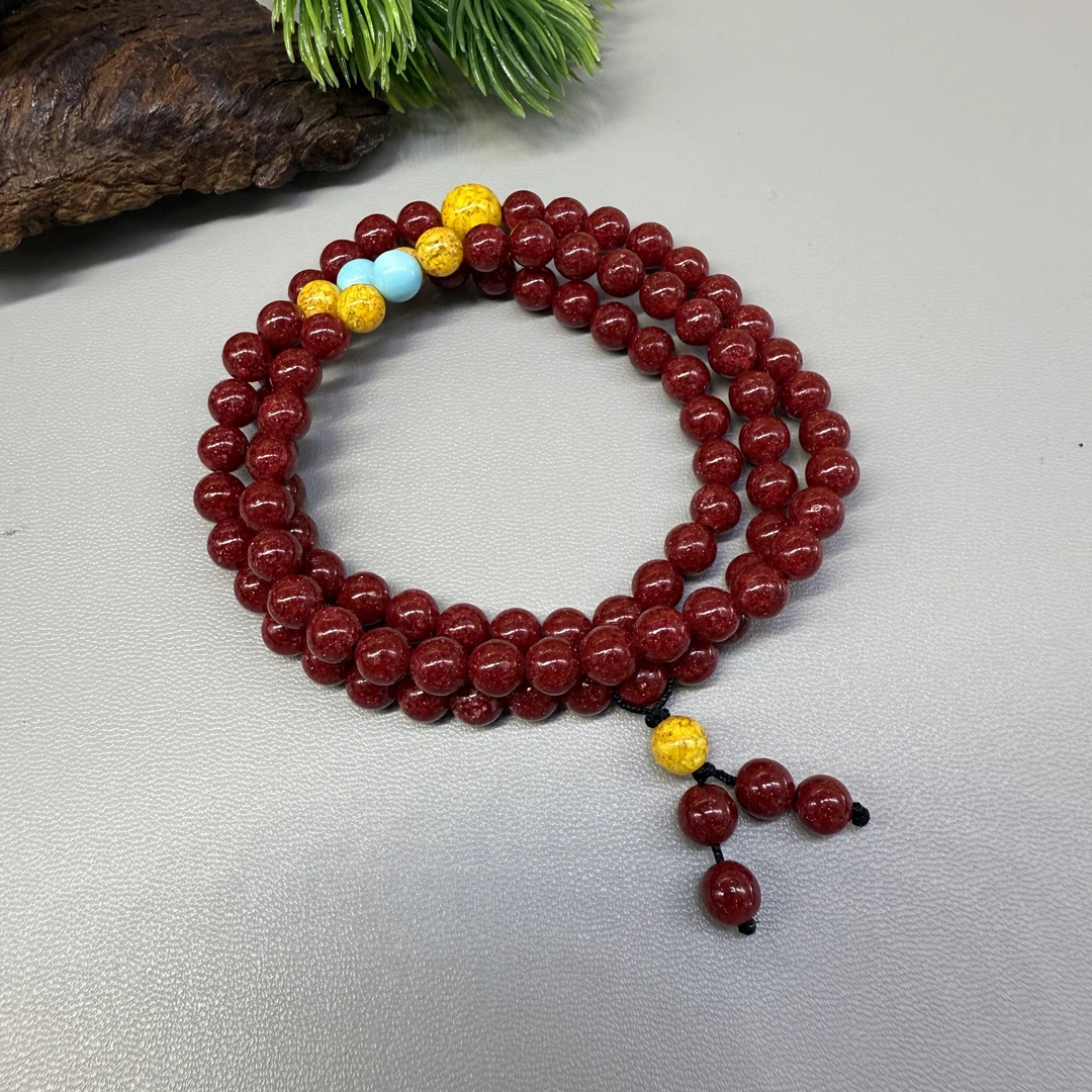 含辰砂工艺品全透晶体砂6MM三圈黄珠朱砂手串