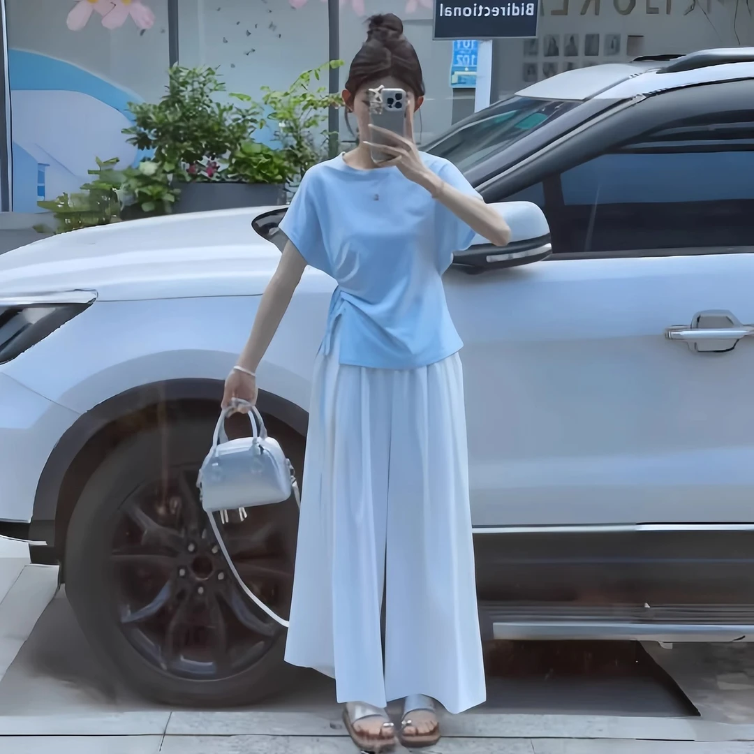 韩系圆领不规则系带收腰褶皱T恤女夏季百搭气质显瘦短袖上衣女