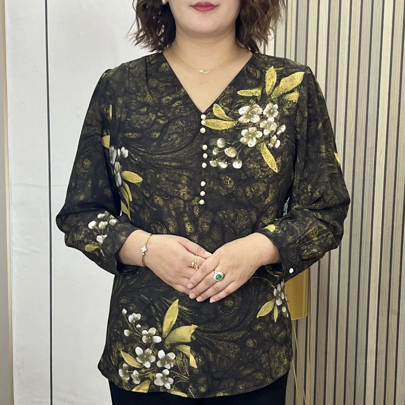 5513大码女装春秋妈妈显瘦上衣宽松高级感长袖加大加宽衬衫