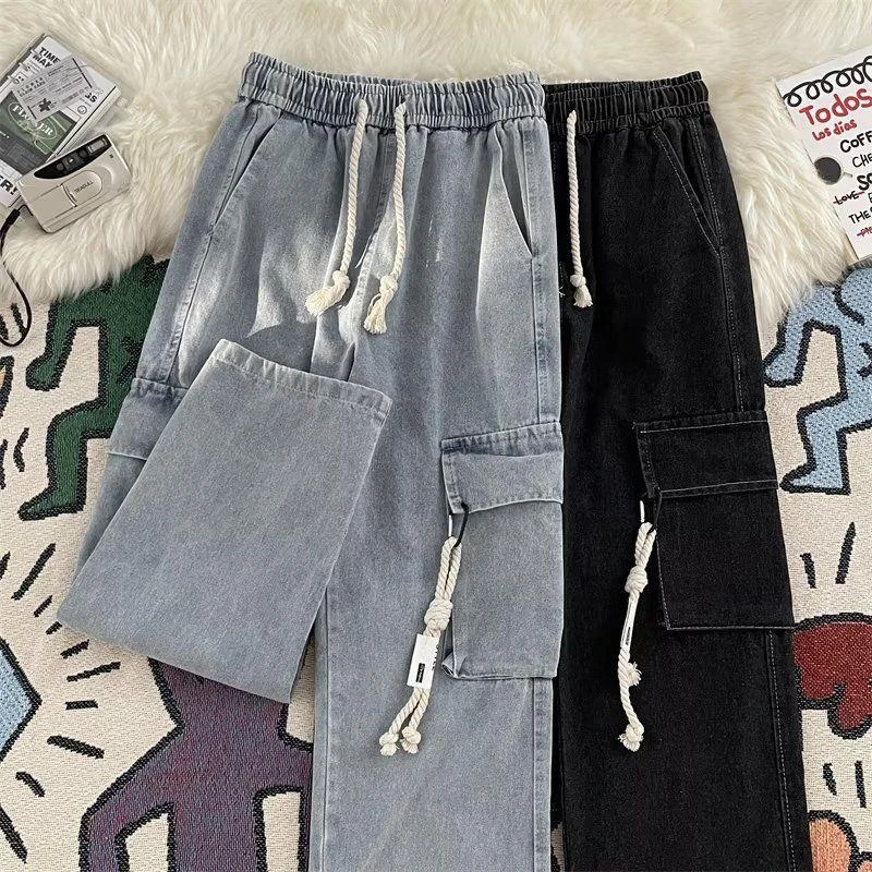 复古新款口袋工装抽绳潮牌牛仔裤夏季休闲宽松长裤阔腿裤子优质棉