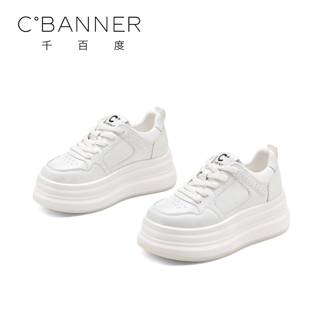 C.BANNER/千百度厚底休闲鞋2025新款擦色时尚松糕板鞋百搭小白鞋