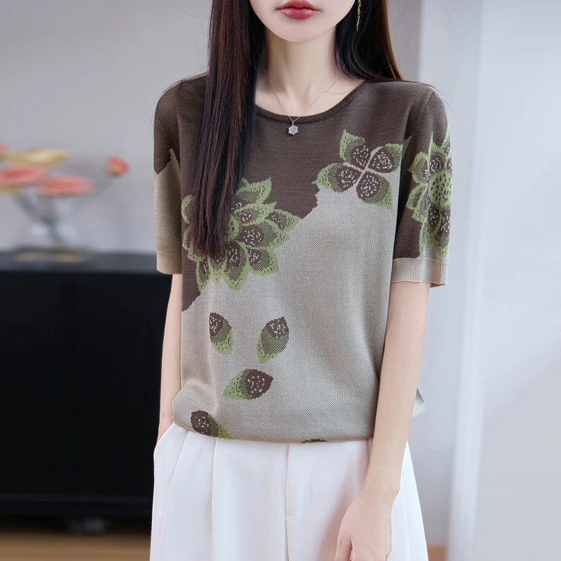 哥弟阿玛施正品圆领短袖针织T恤女时尚薄款百搭洋气印花宽松上衣