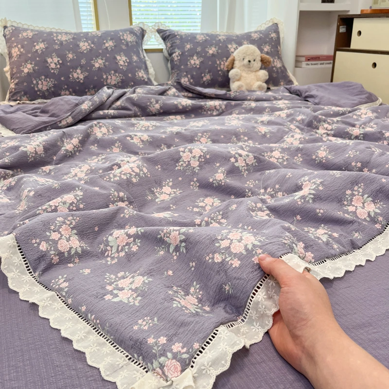 少女心花边夏被四件套亲肤双层纱非全棉纯棉被子床单学生宿舍单人