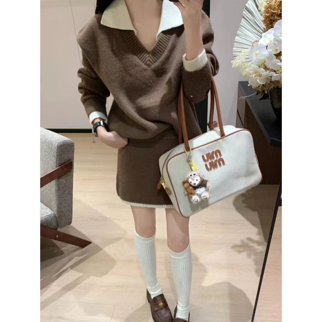 韩版套装拼接领女装复古港风休闲风时尚套装显瘦慵懒风气质L