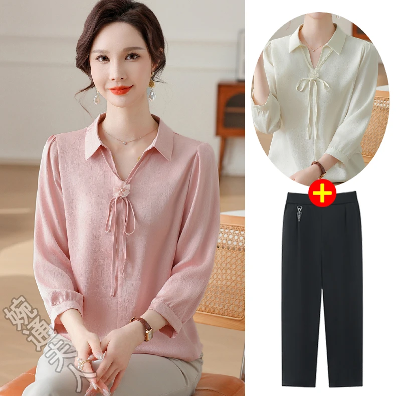 中年妈妈春秋装时尚衬衫国风套装中老年女装春夏打底小衫洋气上衣
