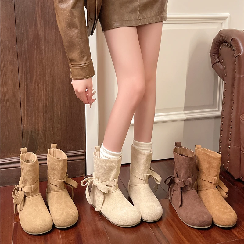 复古内增高套筒短靴女2025秋冬新款圆头系带厚底勃肯西部牛仔靴