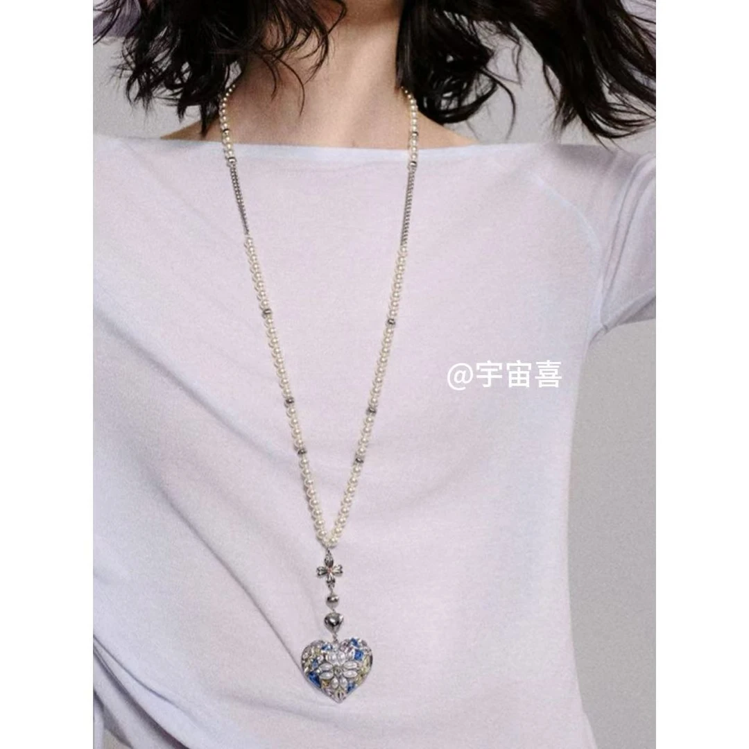 铜合金仿珍珠项链 I1-721【彩锆拼接爱心贝珠串珠项链】