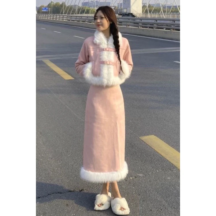 网红同款秋冬洋气千金风甜美加厚拼接毛领外套+毛毛半身裙套装冬