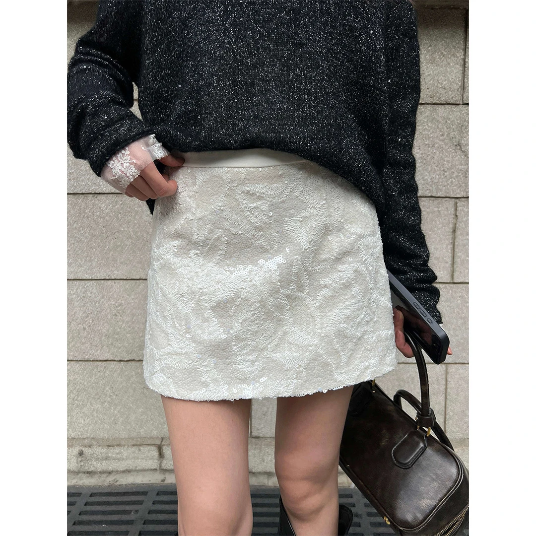 2025冬季新款法式复古老钱风短裙气质通勤优雅亮片包臀裙女96219