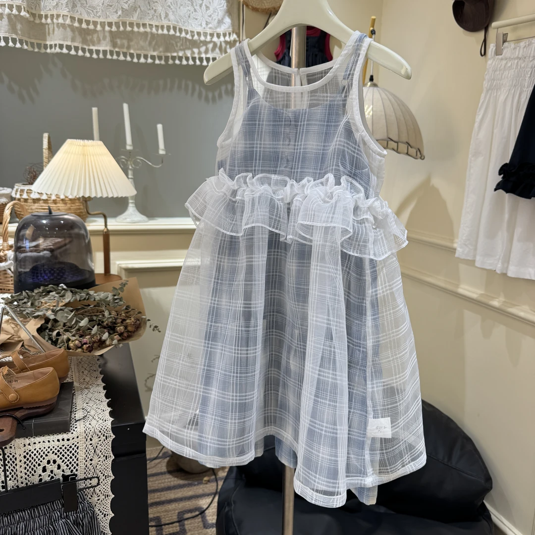【梦中初夏】女童格子两件套蓝色夏季夏款韩版公主纱裙连衣裙