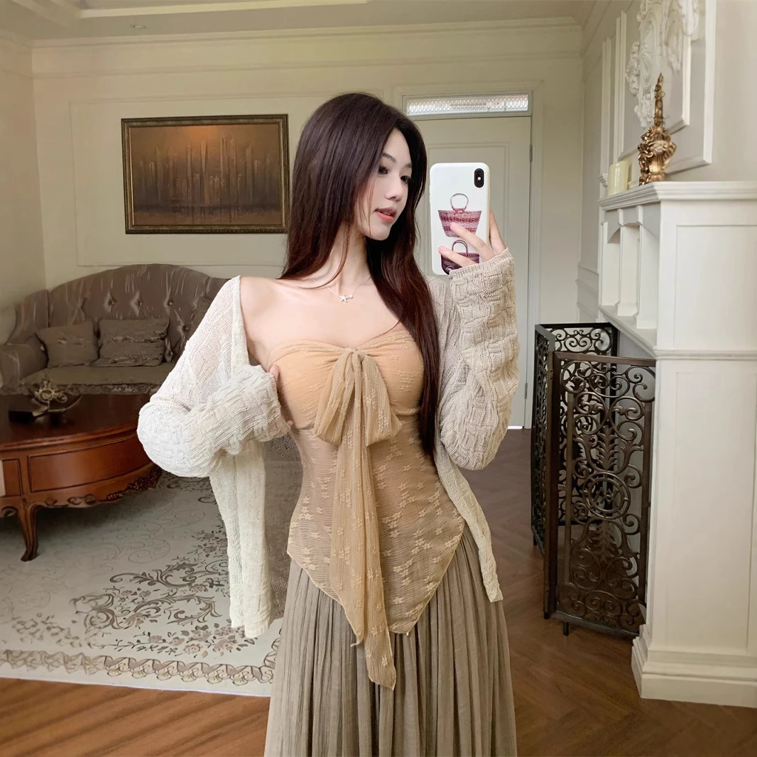 外穿绑带松弛修身开衫绝美清冷独特+感抹胸实拍上衣夏法式女扭结