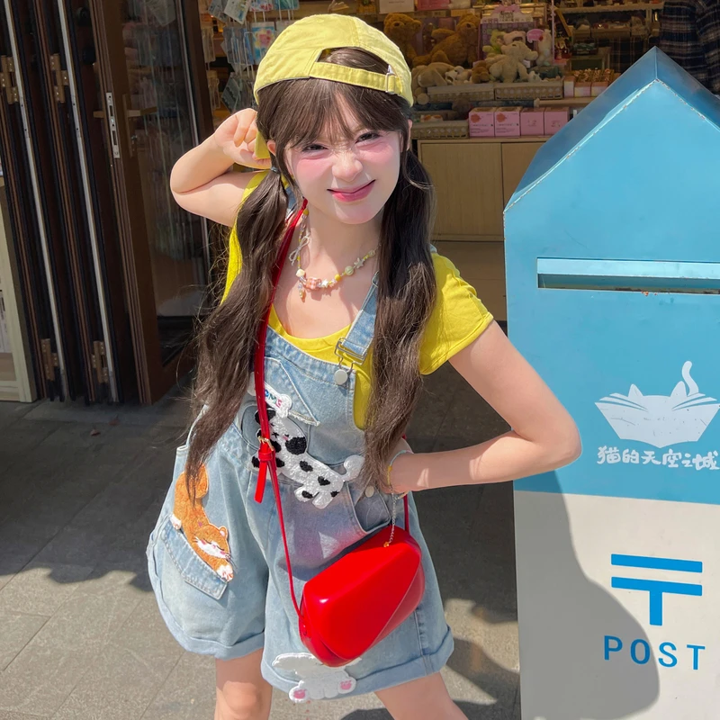 S158【金拐子专属】森女部落原创可爱萌趣少女背带裤魔术贴牛仔裤