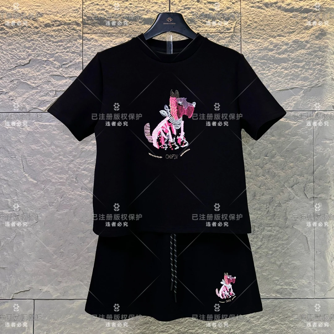 编码WMA-A45 丨刺绣小狗重工宽松版夏季短袖T恤裤裙时尚套装