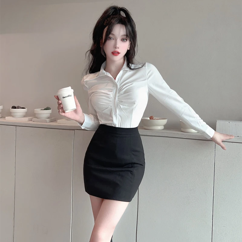 白色衬衫女职业装气质前台工作服秘书ol制服纯欲褶皱上衣包臀裙子
