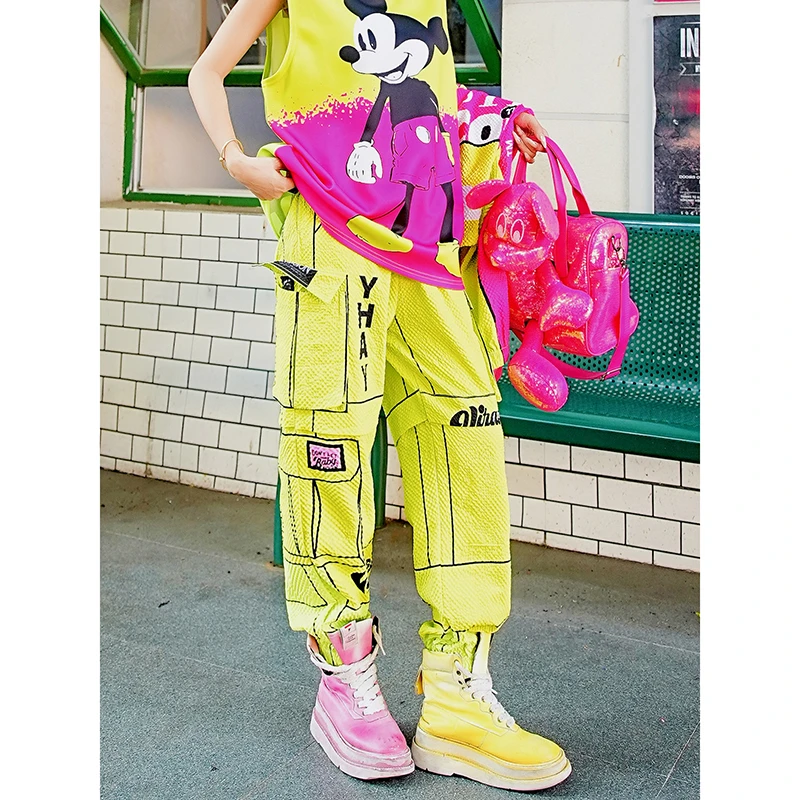 荧光黄彩色字母休闲裤秋季新款立体口袋潮牌运动宽松工装裤HKC99