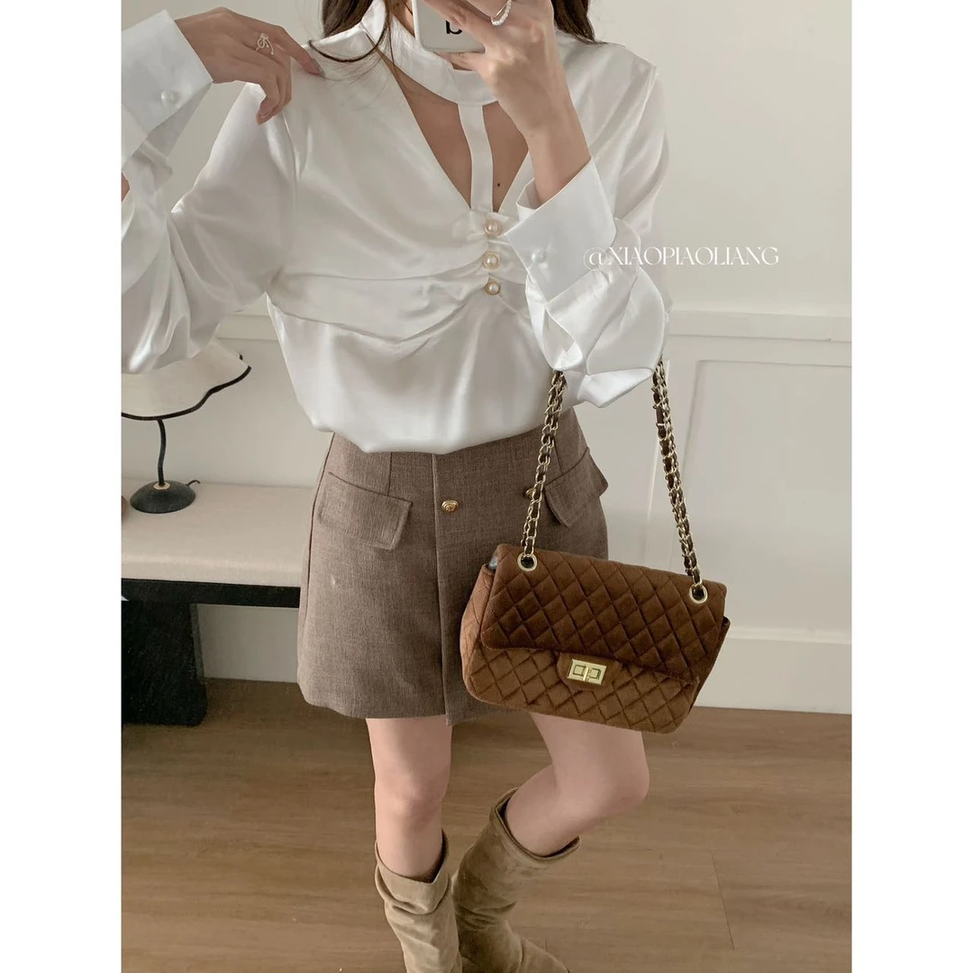 法式小众褶皱设计感长袖衬衫新款气质百搭衬衣女7335-1#0.12 tt