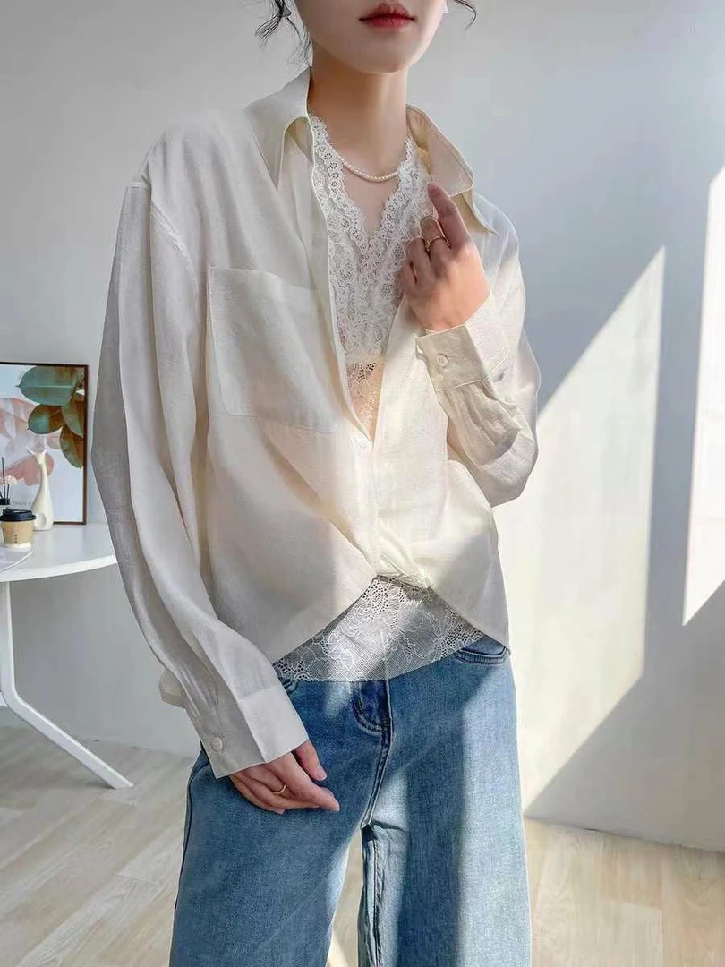 早春款高弹力蕾丝背心+衬衫两件套