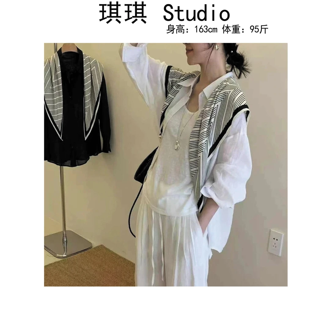 《琪琪家》夏季新款潮流气质时尚棉麻衬衫带披肩减龄两件套5131-Y