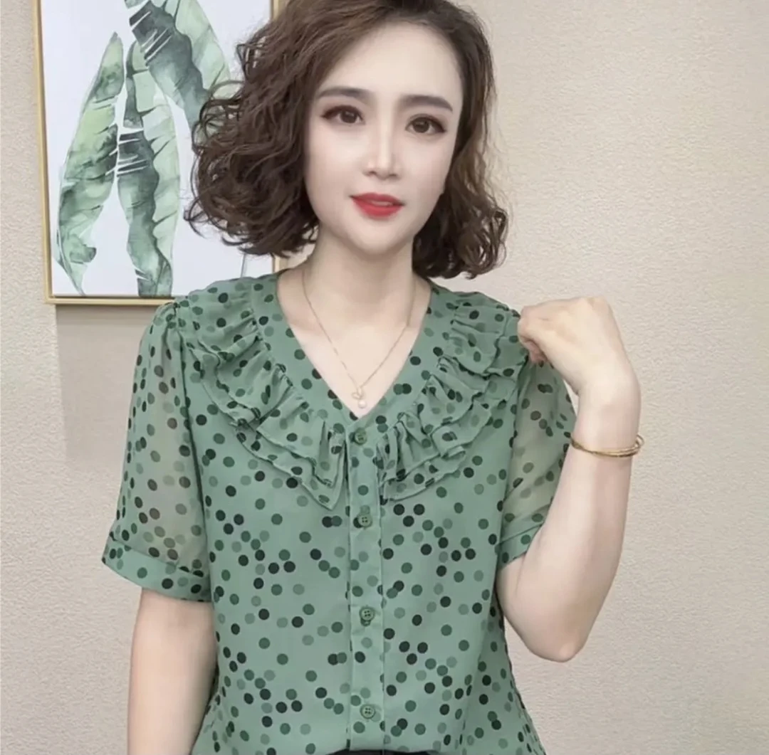 2025夏季显瘦短袖V领静奢风印花波点百搭T恤打底衫洋气#74952