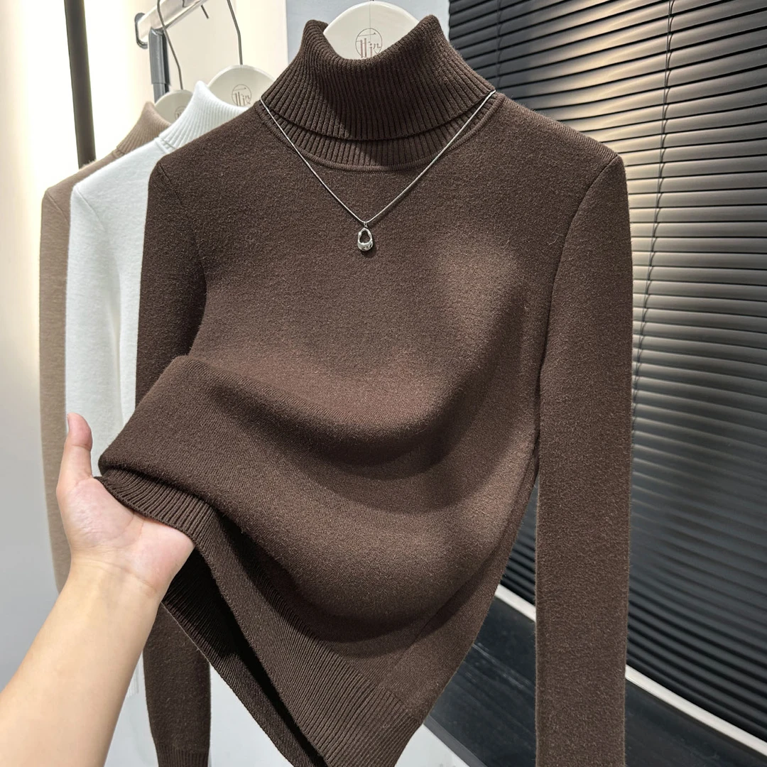 秋冬款咖色高领套头保暖针织毛衣洋气内搭长袖打底衫设计感上衣女