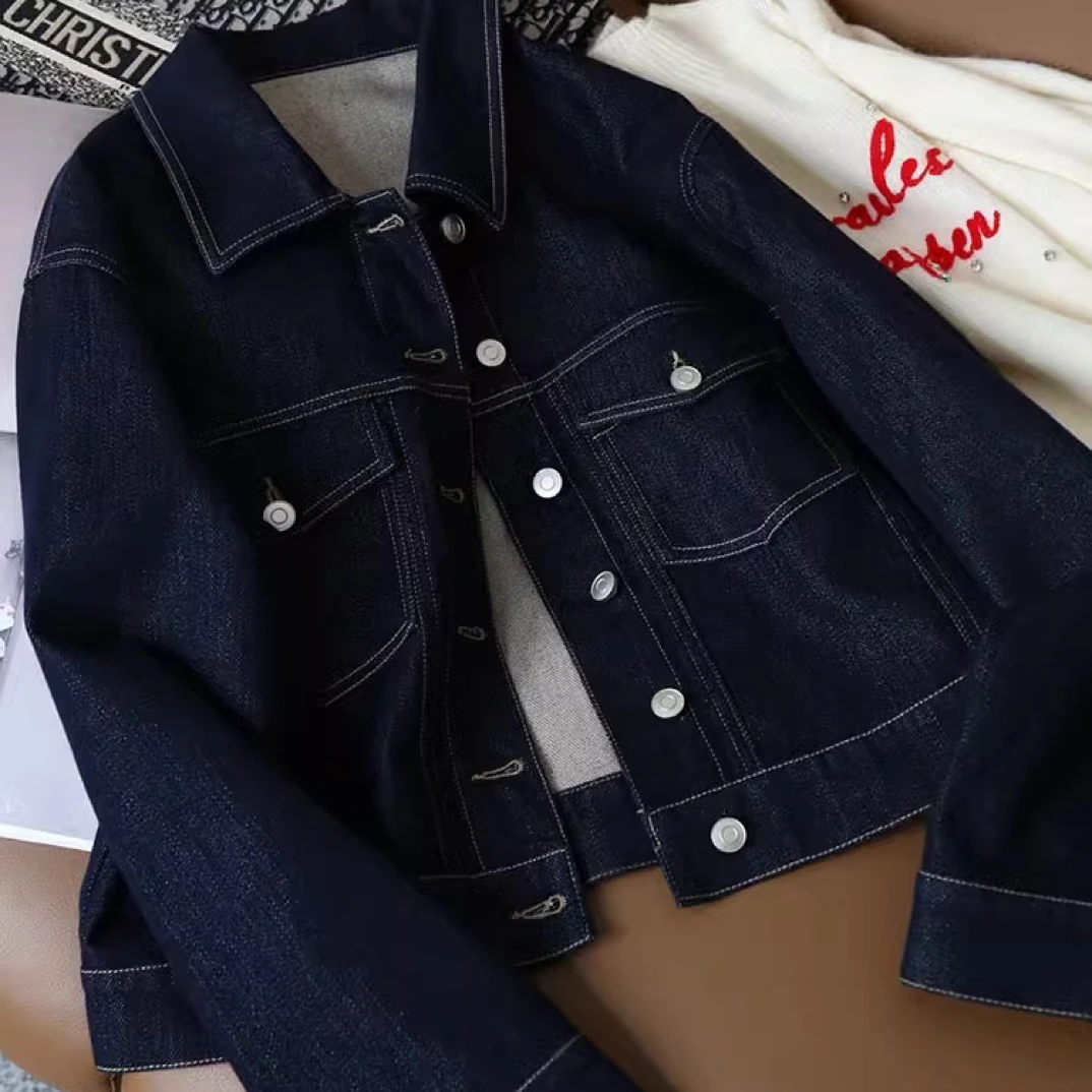 这品质感真没谁了！亮丝明线翻领小众设计感短款牛仔外套女春季