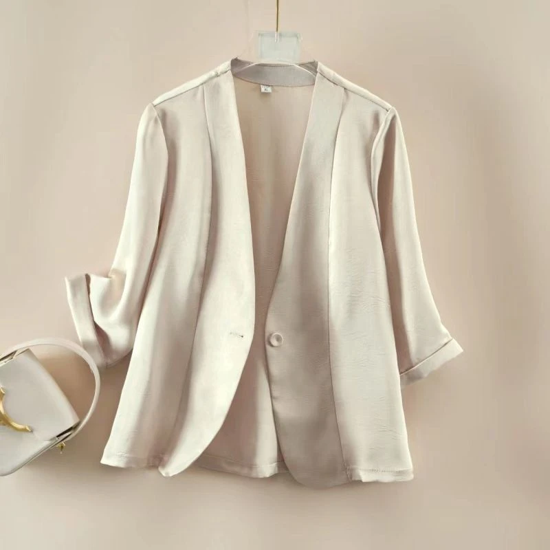 高级缎面醋酸西装女修身纯色气质英伦风小西服外套春季小西装上衣