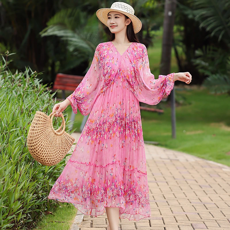 拜占庭的森林印花桑蚕丝长裙气质时尚显瘦百搭仙气优雅真丝连衣裙