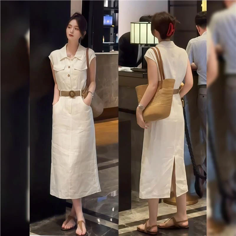 2025初夏穿搭女士法式气质白色连衣裙收腰显瘦开叉小个子短袖长裙