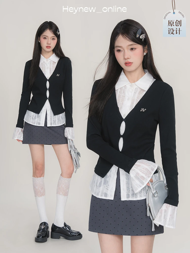 【黑妞年中清清】原创设计师款纯欲蕾丝拼接设计感修身上衣WP115AHN