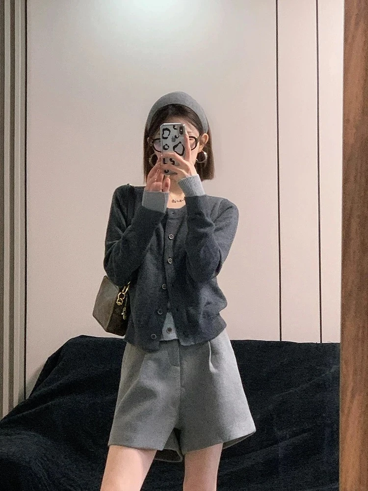 慵懒风灰色假两件针织开衫女2025春装新款高级感韩系圆领长袖上衣