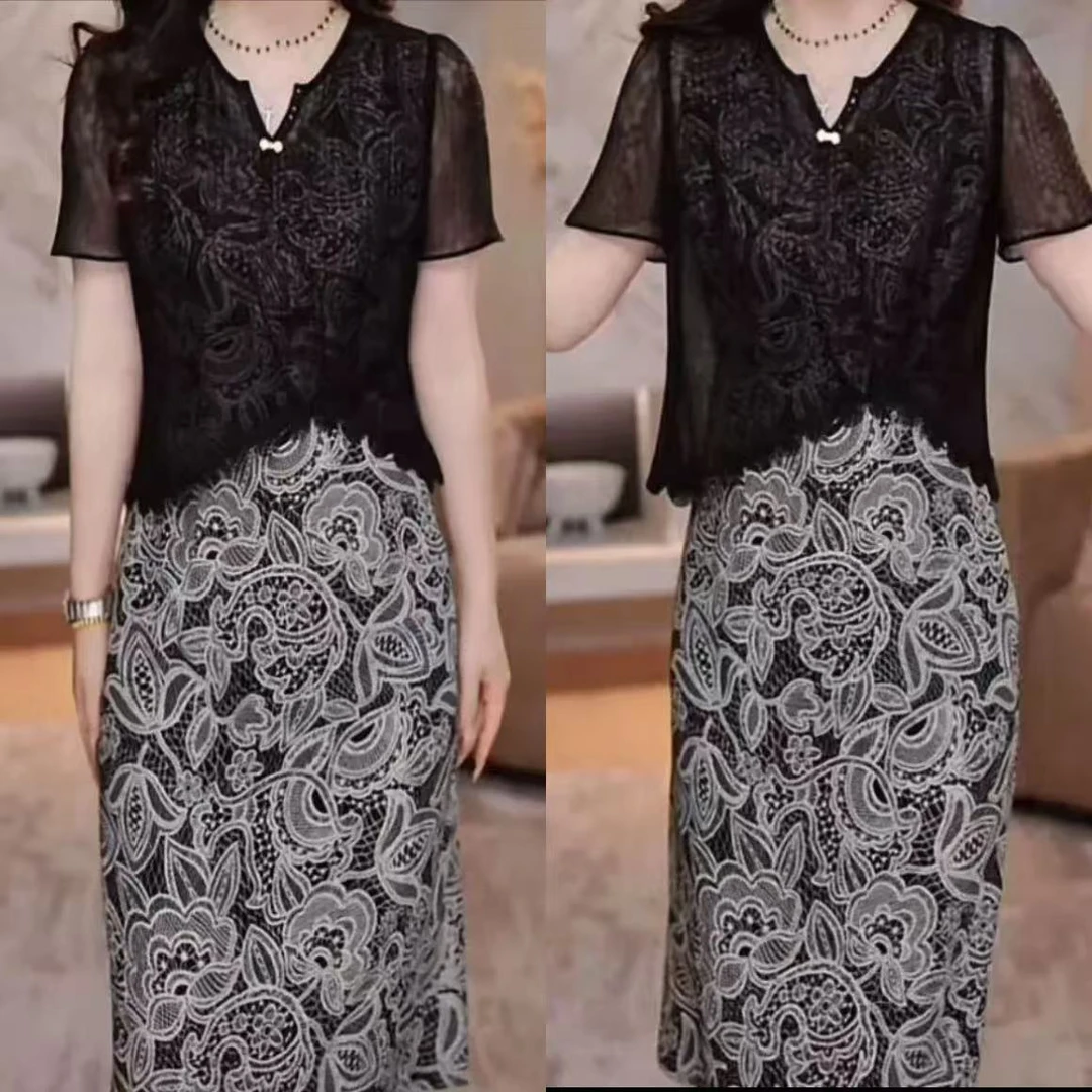 【吉遇优选】1369-01#新品夏款蕾丝提花拼接弹力缎面假两件连衣裙