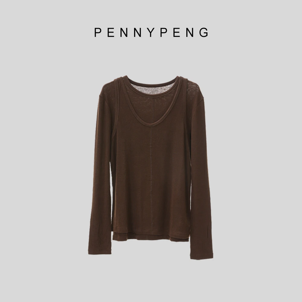 PENNYPENG冬日叠穿术早春时尚气质咖色天丝羊毛背心气质T恤套装