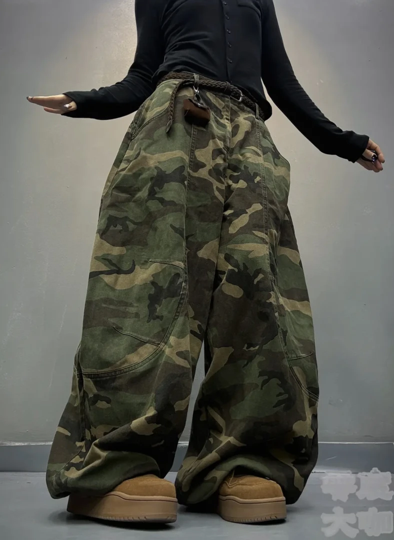 FH8980款弯刀厚款宽松秋冬松紧腰长裤休闲裤做旧迷彩军绿复古
