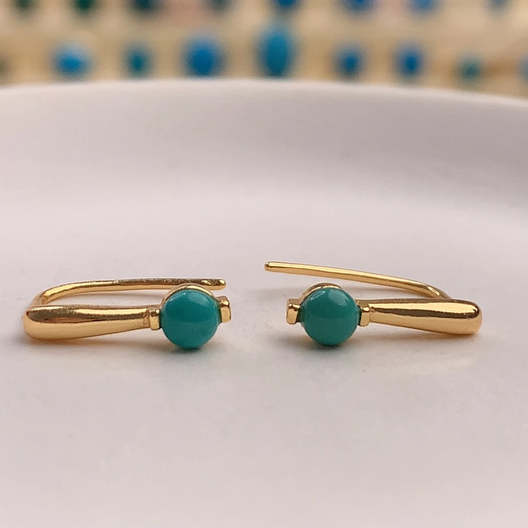 银S925镀金镶嵌绿松石耳钩