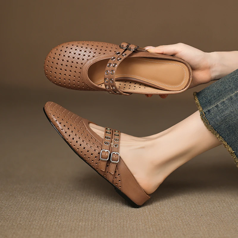 轻奢鞋子优雅感牛皮3点5cm内增高管面包头半拖鞋女夏季镂空方头