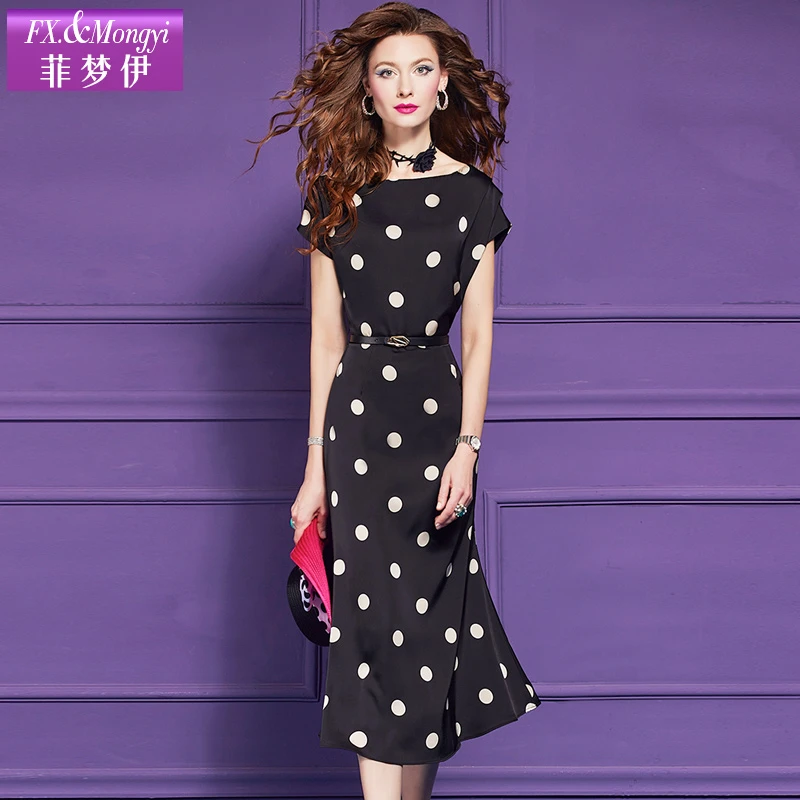 菲梦伊波点印花黑色连衣裙女轻熟优雅别致设计感贵妇裙子65236新