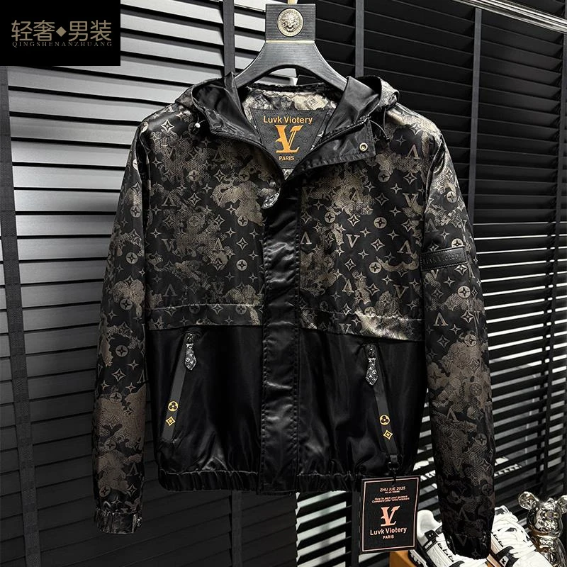 欧洲站2025春秋新款连帽夹克男个性拼接休闲外套时尚潮流印花上衣